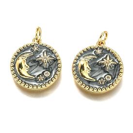 Brass Micro Pave Clear Cubic Zirconia Pendants, Long-Lasting Plated, with Jump Rings & Black Enamel, Flat Round with Moon & Star