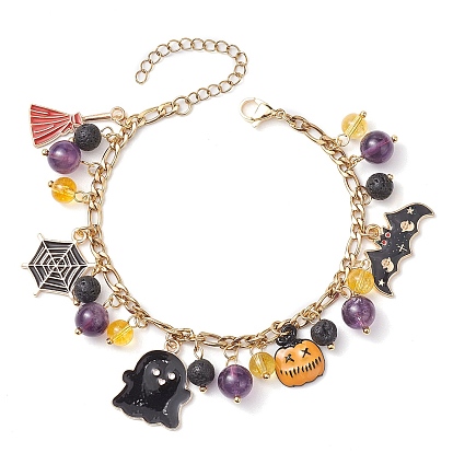 Pulseras con dijes de vidrio y roca de lava natural de Halloween, con colgantes de murciélago de calabaza fantasma esmaltado de aleación