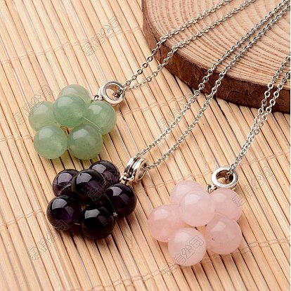 5Pcs 5 Styles Cluster Gems Grapes Pendant Brass Cable Chain Necklacess, with Natural Rose Quartz & Green Aventurine & Amethyst & Carnelian & Black Onyx(Dyed & Heated)