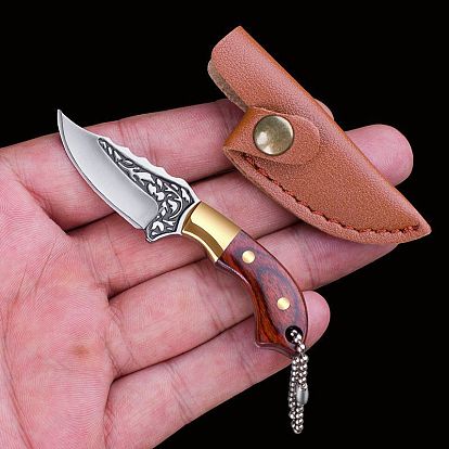 Wood Handle Brass Mini Box Opener Knife, Multi-Functional Keychain EDC Camping Knife, with Knife Sheath