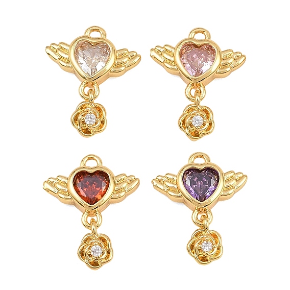 Brass Micro Pave Cubic Zirconia Pendants, Heart with Wing & Flower Charms, Real 18K Gold Plated