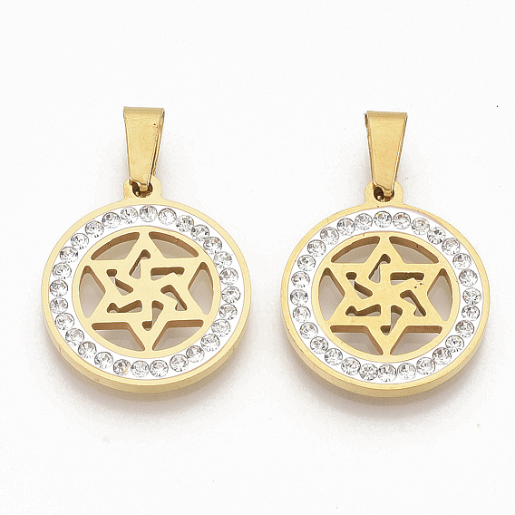 201 подвески из нержавеющей стали, со случайным размером оснастки на поручителях и стразами из полимерной глины и хрусталя, для евреев, плоские круглые со звездой Давида