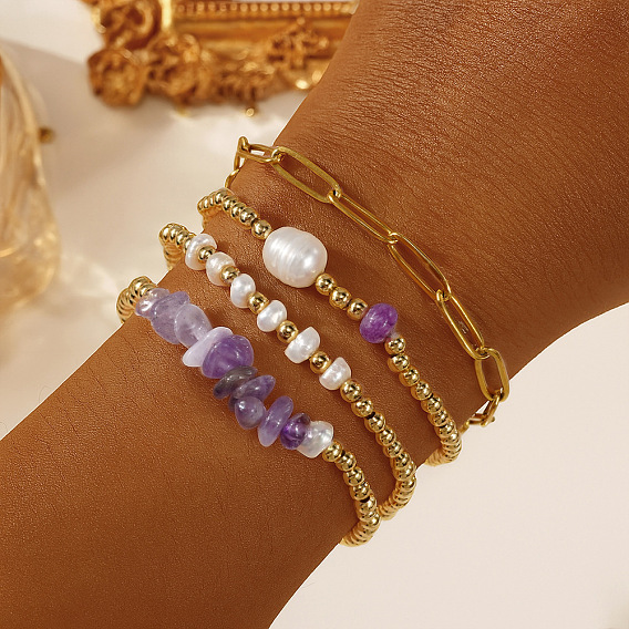 4pcs 4 styles bracelets extensibles en laiton et pierres précieuses naturelles et perles d'imitation 304 ensemble de bracelets en acier inoxydable avec chaîne trombone pour femmes, ronde, or
