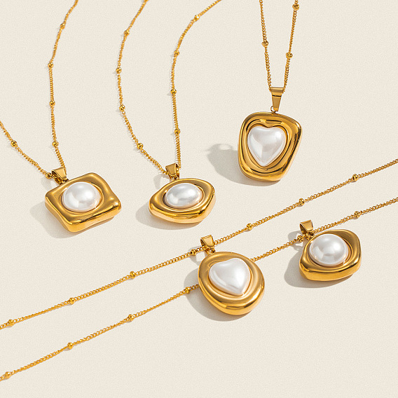 304 Collares con colgante geométrico de acero inoxidable y cadena tipo satélite para mujer, con perlas de imitación, blanco, real 18 k chapado en oro