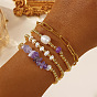 4pcs 4 styles bracelets extensibles en laiton et pierres précieuses naturelles et perles d'imitation 304 ensemble de bracelets en acier inoxydable avec chaîne trombone pour femmes, ronde, or