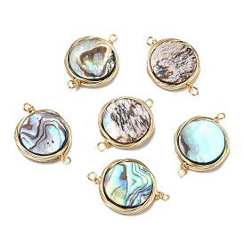 Natural Paua Shell Connector Charms, Flat Round Brass Wire Wrapped Links