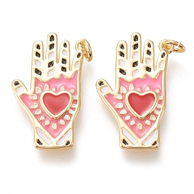 Brass Pendants, with Enamel and Jump Rings, Long-Lasting Plated, Palm with Heart, Pink