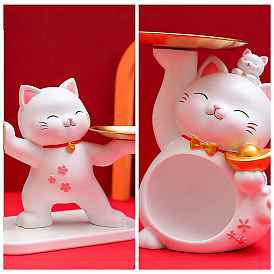 Resin Cat Sculpture with Metal Tray, Jewelry Candy Dish Decorative Tray for Keys Home Office Hotel Decoration