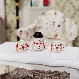 Christmas Snowman Mini Ceramic Tea Sets, including Teacup, Teapot, Miniature Ornaments, Micro Landscape Garden Dollhouse Accessories, Pretending Prop Decorations