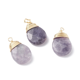 Pendentifs en lépidolite naturelle enveloppés de fil de cuivre, réel 18 k plaqué or, lilas, larme