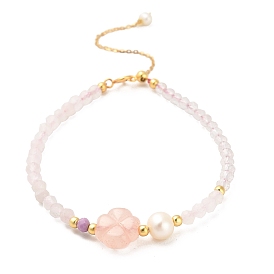 Natural Rose Quartz and Natural Lepidolite and Natural Agate Bead Bracelets, with Sterling Silver Beads and Pearl Beads, Real 18K Gold Plated