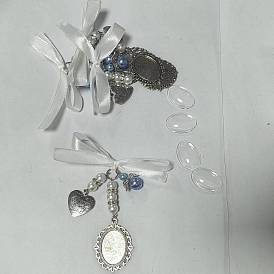 Kits de pendentifs en alliage à faire soi-même avec des fleurs, avec noeud en ruban de satin et cabochons en verre