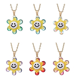 Подвеска в виде цветка с улыбающимся лицом из непрозрачного акрила и стеклянных бусин 304 Женские ожерелья из нержавеющей стали с цепочкой, разноцветные