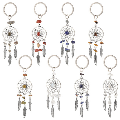 Брелок из натурального и синтетического камня, с железом, 304 выводы из нержавеющей стали и сплавов, тканая сеть / паутина с пером