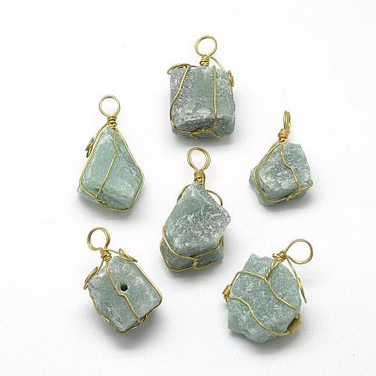 Natural Green Aventurine Pendants, with Brass Wire, Nuggets, Golden