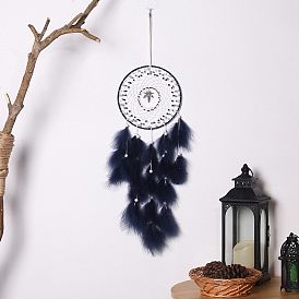 Iron Woven Web/Net with Feather Hanging Ornaments, Metal Leaf Charm for Home Living Room Bedroom Wall Decorations