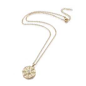 Brass Micro Pave Clear Cubic Zirconia Pendant Necklaces, with 304 Stainless Steel Cable Chains, Flat Round