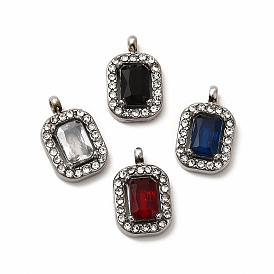 Vacuum Plating 304 Stainless Steel Cubic Zirconia Pendants, with Rhinestone, Rectangle Charms