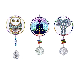 Glass Suncatchers, Pendant Decorations, Flat Round with Elephant/Owl/Human