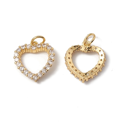 Rack Plating Brass Charms, with Cubic Zirconia & Jump Ring, Hollow Heart Charm, Cadmium Free & Lead Free, Long-Lasting Plated, Real 18K Gold Plated