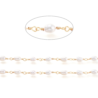Freshwater Pearl Beaded Chains, with Brass Findings & Spool, Unwelded, Long-Lasting Plated