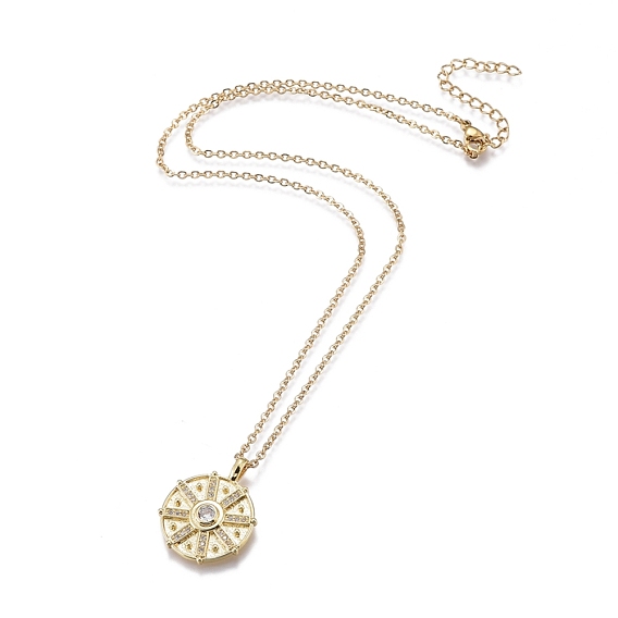 Brass Micro Pave Clear Cubic Zirconia Pendant Necklaces, with 304 Stainless Steel Cable Chains, Flat Round