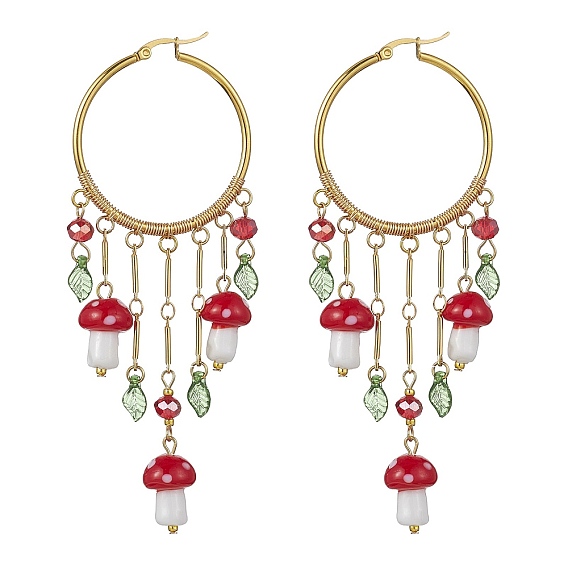 Golden Brass Hoop Earrings, Glass Mushroom Tassel Earrings