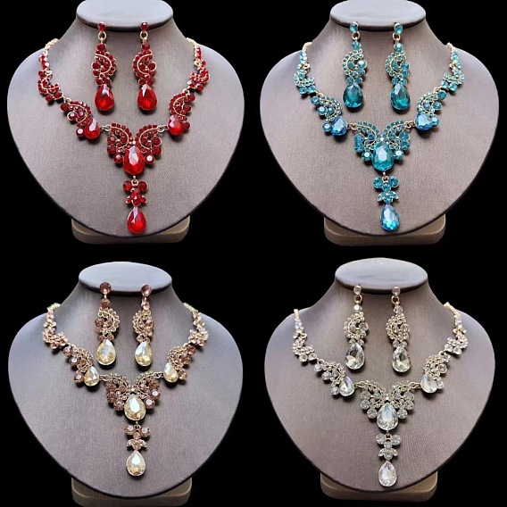 Ожерелья и серьги-гвоздики из сплава со стразами в форме капли