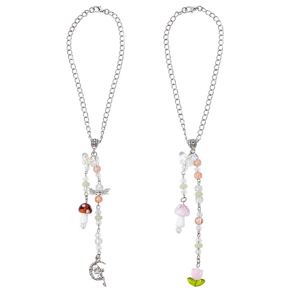 2 шт. 2 стили грибовидные лэмпворк и стеклянные и сплавные подвесные украшения, с железными цепочками, платина