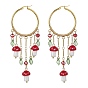Golden Brass Hoop Earrings, Glass Mushroom Tassel Earrings