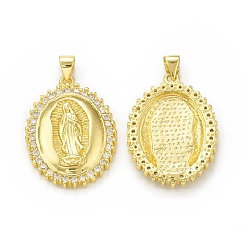 Rack Plating Brass Micro Pave Clear Cubic Zirconia Pendants, Cadmium Free & Lead Free, Long-Lasting Plated, Oval with Religion Virgin Mary Charm