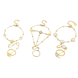 Ion Plating(IP) 304 Stainless Steel Ring Bracelets, Clover/Star/Flower Shell Link Chain Bracelet with Rings, Golden