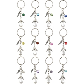 12Pcs 12 Colors Acrylic Imitation Pearl Keychians, with Iron Split Key Rings and Alloy Charms, Angel