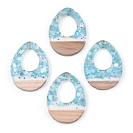 Transparent Resin & White Wood Pendants, Hollow Teardrop Charms with Paillettes