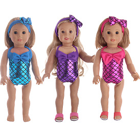 Mermaid Pattern Cotton Doll Swimwear & Bow Headband Sets, Doll Summer Clothes Outfits, Fit for 18 inch American Girl Dolls