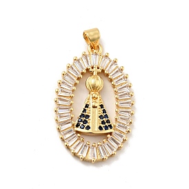 Rack Plating Brass Micro Pave Cubic Zirconia Pendants, Long-Lasting Plated, Lead Free & Cadmium Free, Oval with Godfather, Religion