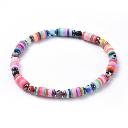 Polymer Clay Heishi Beads Beads Stretch Bracelets, with Round Handmade Evil Eye Lampwork Beads and Non-Magnetic Synthetic Hematite Beads