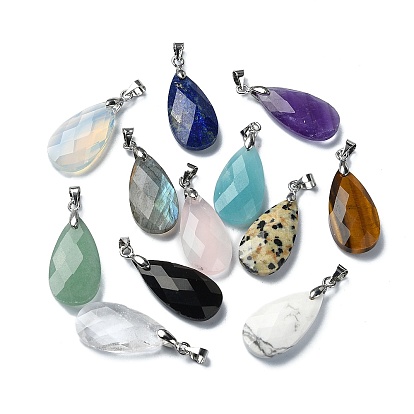 Faceted Mixed Gemstone Pendants, Teardrop Charms with Platinum Plated Iron Snap on Bails