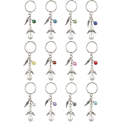 12шт 12 цвета акриловые имитация жемчуга брелоки, с железными кольцами для ключей и подвесками из сплава, ангел