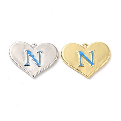 Rack Plating Brass Enamel Pendant, Lead Free & Cadmium Free, Long-Lasting Plated, Heart with Letter N Charm