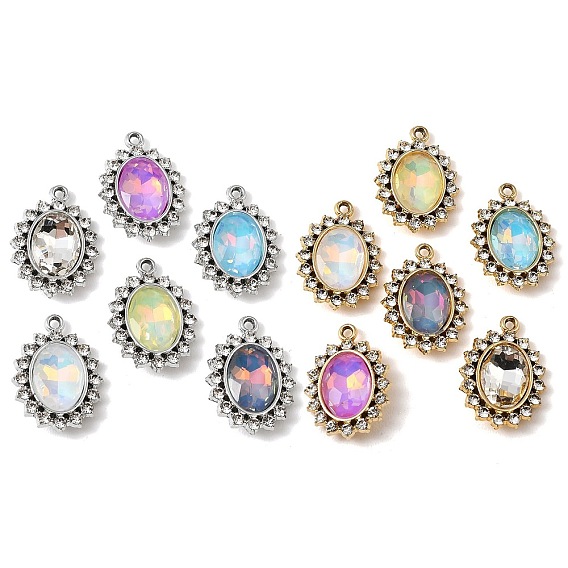 Colgantes de vidrio de aleación de chapado uv, encanto ovalado, con diamante de imitación, facetados, color mezclado