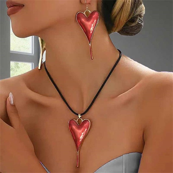 Комплекты из эмалевых серег и ожерелий с подвесками в форме сердца для женщин, ожерелья из восковых веревок