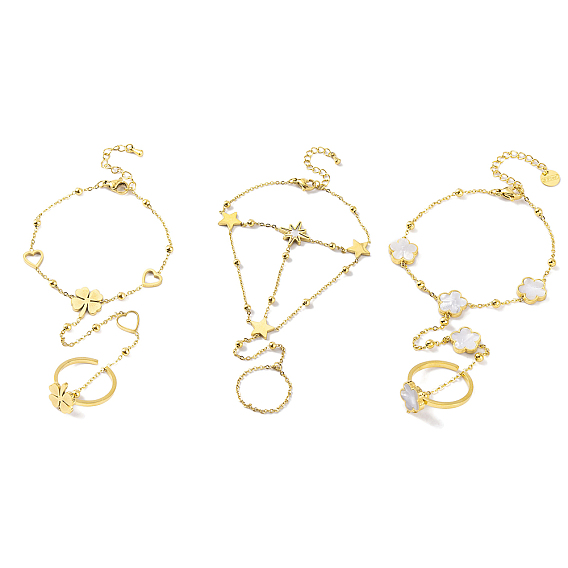 Ионное покрытие (IP) 304 браслеты-кольца из нержавеющей стали, браслет-цепочка из ракушек клевера/звезды/цветка с кольцами, золотые