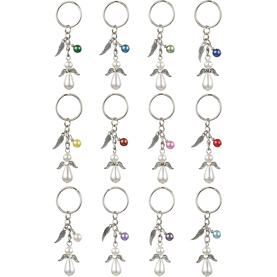 12шт 12 цвета акриловые имитация жемчуга брелоки, с железными кольцами для ключей и подвесками из сплава, ангел