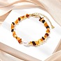 Эластичные браслеты из натуральных янтарных крошек для женщин, с жемчугом и бусинами из латуни, реальный 14 k позолоченный