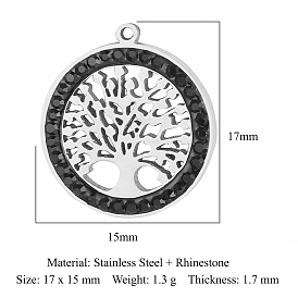 Titanium Steel Rhinetone Pendants, Flat Round, Tree of Life