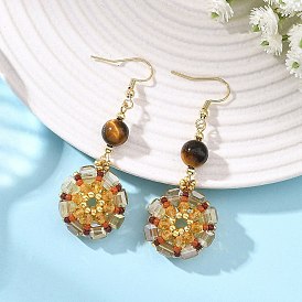 Glasperlen baumeln Ohrringe, Runde, Ohrhänger mit runden Tigeraugenperlen für Damen, golden