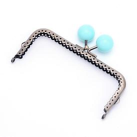 Iron Purse Frames Handles, Kiss Clasp Locks, with Round Acrylic Beads, Rectangle