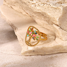 18K Gold Stainless Steel Tree-shaped Oval Ring with Colorful Droplet Stones