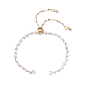 Handmade Brass & Round ABS Plastic Imitation Pearl Link Chain Slider Bracelet Making, White